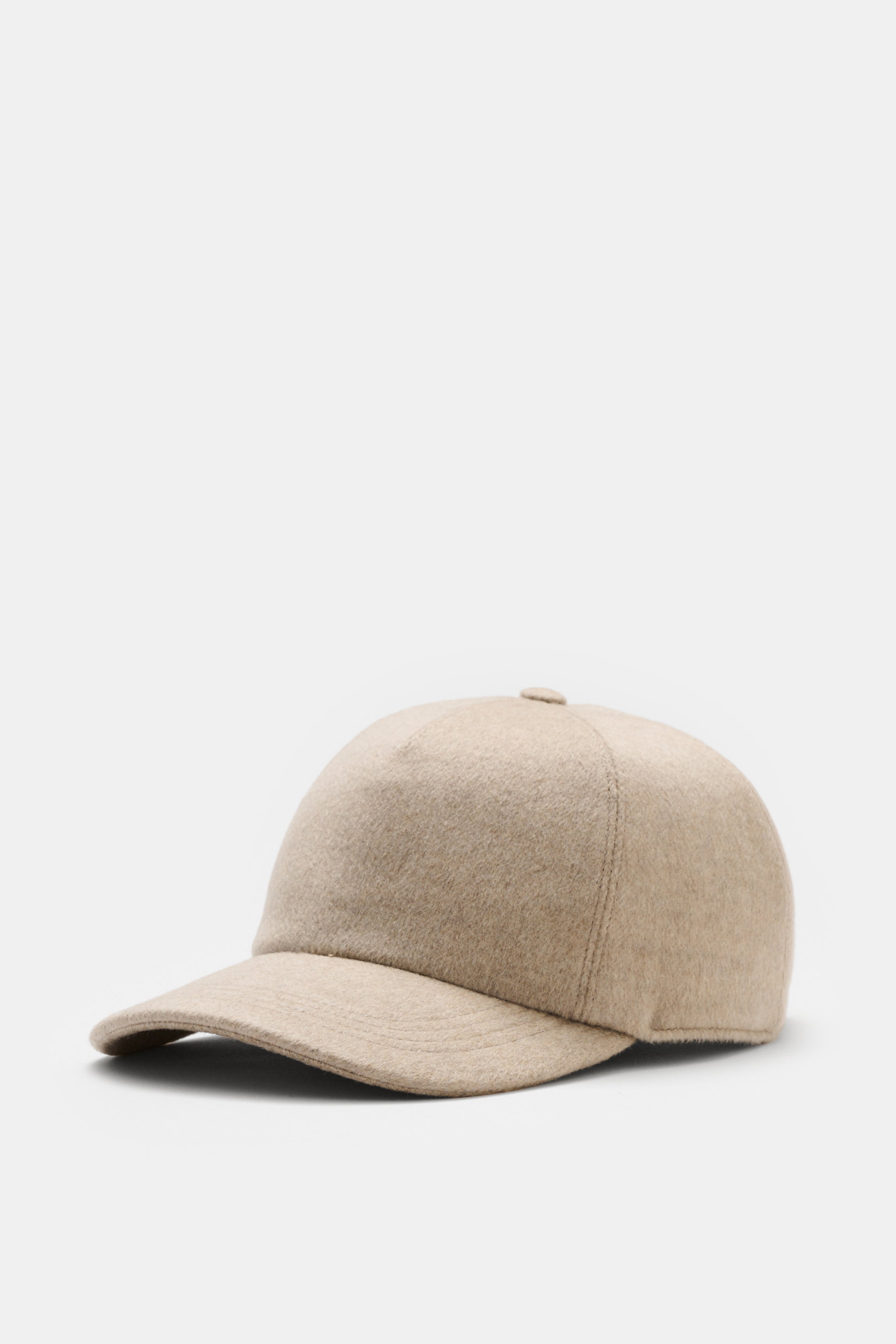 Moorer Cashmere Baseball-Cap 'Robinson' beige meliert, seitliche Nahaufnahme, reiner Cashmere, weicher Griff, klassisches Six-Panel-Design, weicher Futterstoff, verstellbarer Verschluss.