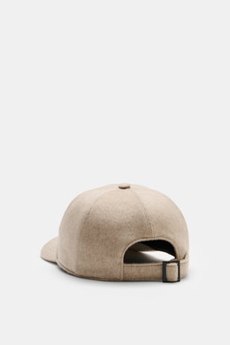 Moorer Cashmere Baseball Cap 'Robinson' beige melange shown from rear angle, pure cashmere, soft touch, classic six-panel design, soft lining fabric, adjustable closure.