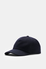 Moorer Cashmere Baseball Cap 'Robinson' navy shown from front left side, featuring pure cashmere, soft touch, classic six-panel design, soft lining fabric, and adjustable closure.