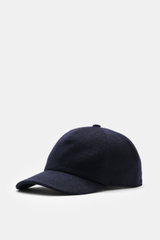 Moorer Cashmere Baseball Cap 'Robinson' navy shown from front left side, featuring pure cashmere, soft touch, classic six-panel design, soft lining fabric, and adjustable closure.