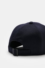 Back view of Moorer Cashmere Baseball Cap 'Robinson' navy, showing pure cashmere fabric, soft touch, classic six-panel design, soft lining fabric, and adjustable closure.
