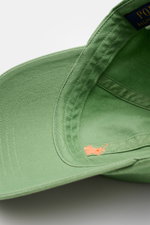 Polo Ralph Lauren Baseball-Cap salbei, Nahaufnahme von innen, reine Baumwolle, sechs-Panel-Design, gebogener Schirm, Logo-Stitching, verstellbarer Verschluss.