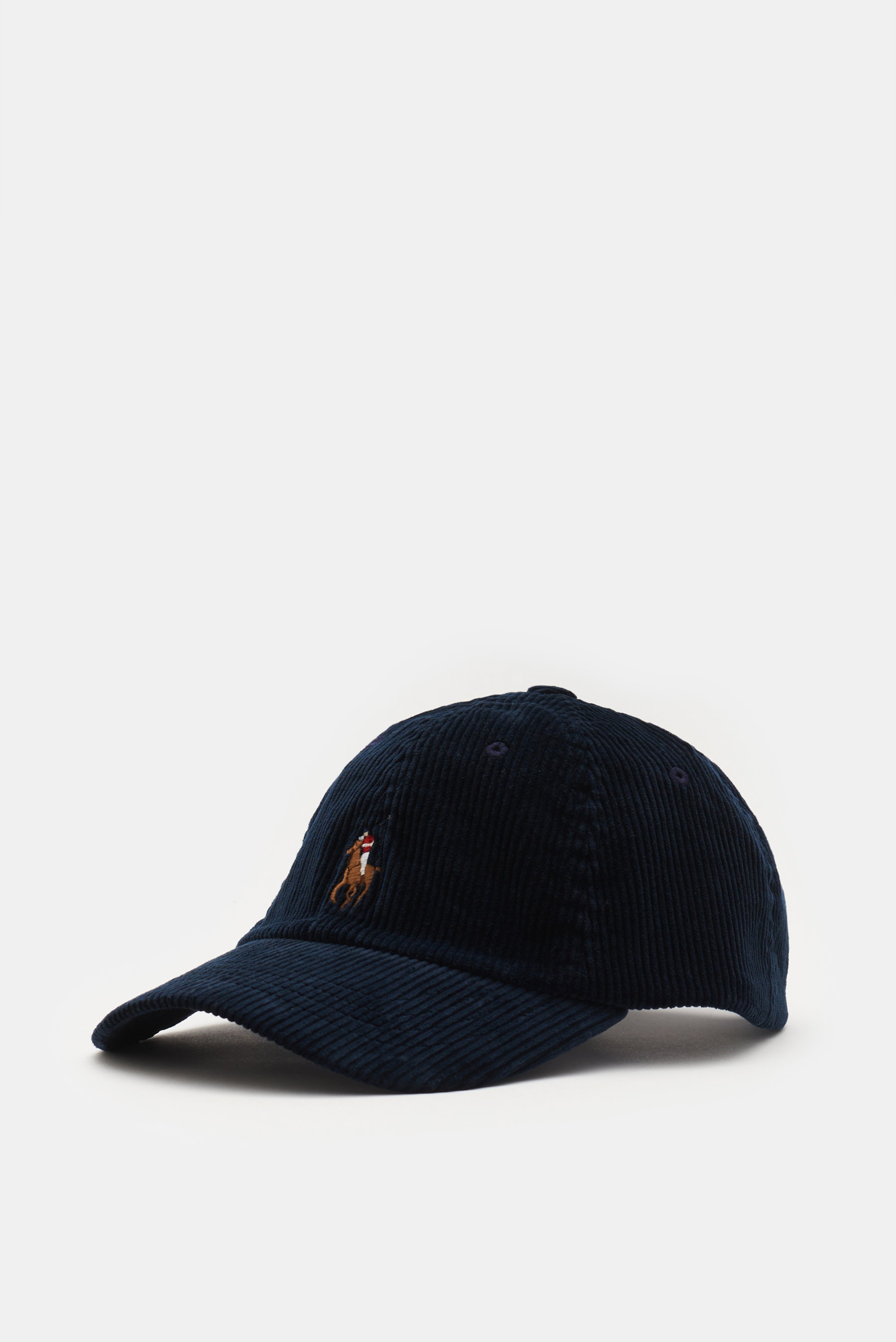 Front-side view of Polo Ralph Lauren Corduroy baseball cap navy in pure cotton corduroy with signature logo stitching, six panels, curved peak, and adjustable leather fastener.