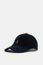 Front-side view of Polo Ralph Lauren Corduroy baseball cap navy in pure cotton corduroy with signature logo stitching, six panels, curved peak, and adjustable leather fastener.