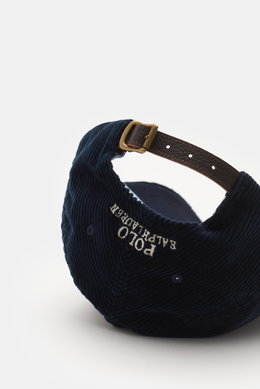 Close-up rear view of Polo Ralph Lauren Corduroy baseball cap navy showing adjustable leather fastener and signature logo stitching.

<p>This classic baseball cap by POLO RALPH LAUREN in chic cotton corduroy with signature logo stitching is a perfect for 