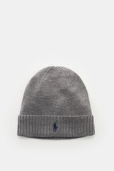 Polo Ralph Lauren Wollmütze grau, sportives Essential aus reiner Wolle, weicher Griff, feiner glatter Strick, breiter Umschlag mit Rippstrick, frontal fotografiert.