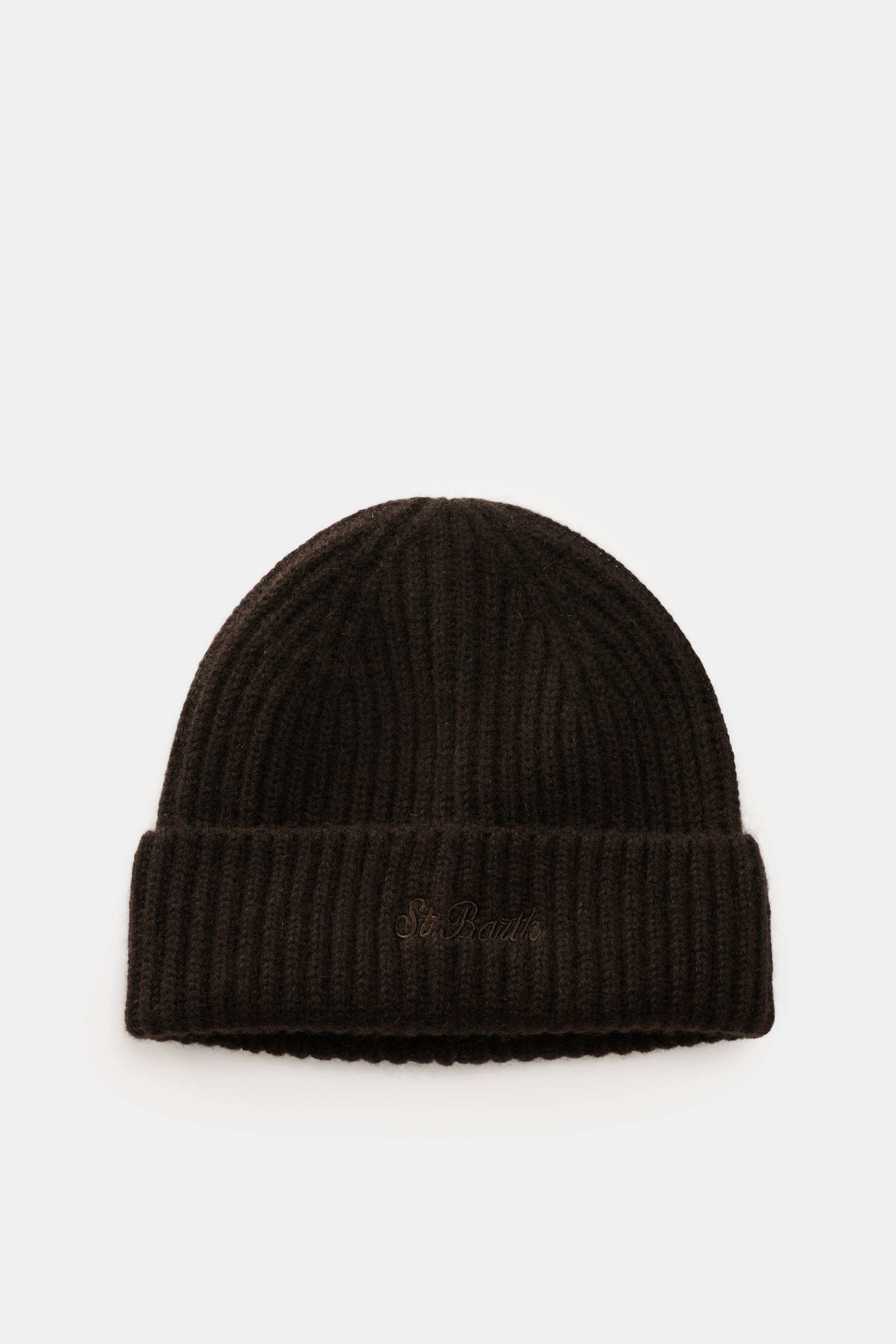 MC2 Saint Barth Cashmere Mütze 'Wengen' dunkelbraun, Rippstrick mit Umschlag und Label-Stitching, weicher Griff, von oben fotografiert.