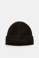 MC2 Saint Barth Cashmere Mütze 'Wengen' dunkelbraun, Rippstrick mit Umschlag und Label-Stitching, weicher Griff, von oben fotografiert.