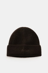 MC2 Saint Barth Cashmere Mütze 'Wengen' dunkelbraun, Rippstrick mit Umschlag und Label-Stitching, weicher Griff, von oben fotografiert.