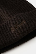 MC2 Saint Barth Cashmere Mütze 'Wengen' dunkelbraun, Nahaufnahme von schräg oben, reiner Cashmere, Rippstrick, weicher Griff, Umschlag mit Label-Stitching.