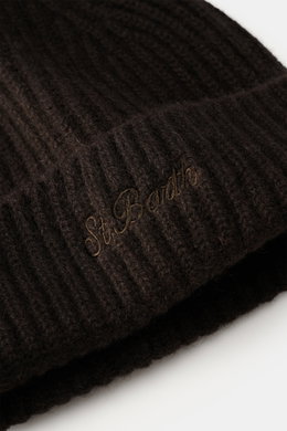 MC2 Saint Barth Cashmere Mütze 'Wengen' dunkelbraun, Nahaufnahme von schräg oben, reiner Cashmere, Rippstrick, weicher Griff, Umschlag mit Label-Stitching.