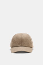 04651/ A trip in a bag Baseball-Cap 'Flannel' beige, frontale Nahaufnahme, Flanell aus Wolle und Microfaser, Six-Panel-Design, verstellbarer Verschluss, materialtypischer Griff.