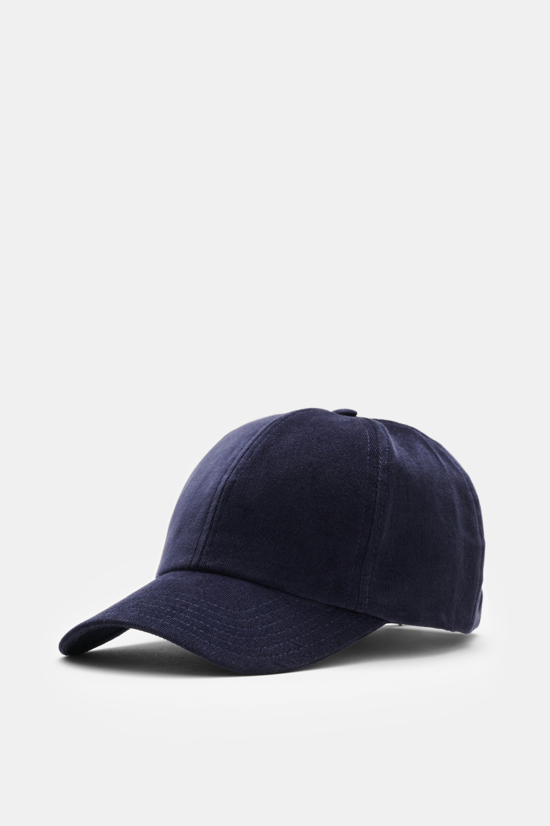 04651/ A trip in a bag Cord Baseball-Cap navy, dunkelblaue Cap aus elastischer Baumwolle mit materialtypischem Griff, Six-Panel-Design, verstellbar, Frontperspektive.