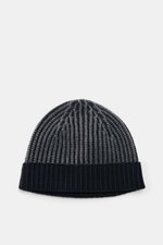 Top-down view of 04651/ A trip in a bag Wool Hat 'Foggy' navy/grey showing pure virgin wool, patent knit, soft touch, medium coarse knit pattern, and narrow cuff.