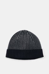 Top-down view of 04651/ A trip in a bag Wool Hat 'Foggy' navy/grey showing pure virgin wool, patent knit, soft touch, medium coarse knit pattern, and narrow cuff.