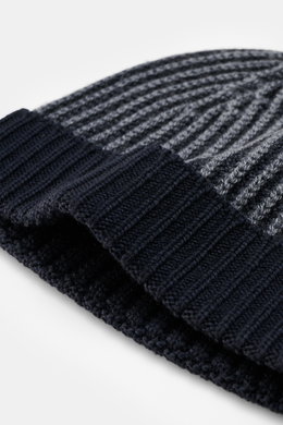 Close-up front-side view of 04651/ A trip in a bag Wool Hat 'Foggy' navy/grey showing pure virgin wool, patent knit, soft touch, medium coarse knit pattern, narrow cuff.