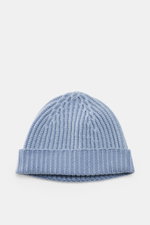 Top-down view of a light blue knitted wool hat, 04651/ A trip in a bag Wool Hat 'Foggy' Grey-Brown, made of pure virgin wool, patent knit, soft touch, medium coarse knit pattern, narrow cuff.
