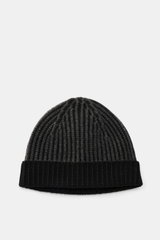Top-down view of 04651/ A trip in a bag Wool Hat 'Foggy' black/dark grey showing pure virgin wool, patent knit, soft touch, medium coarse knit pattern, narrow cuff.