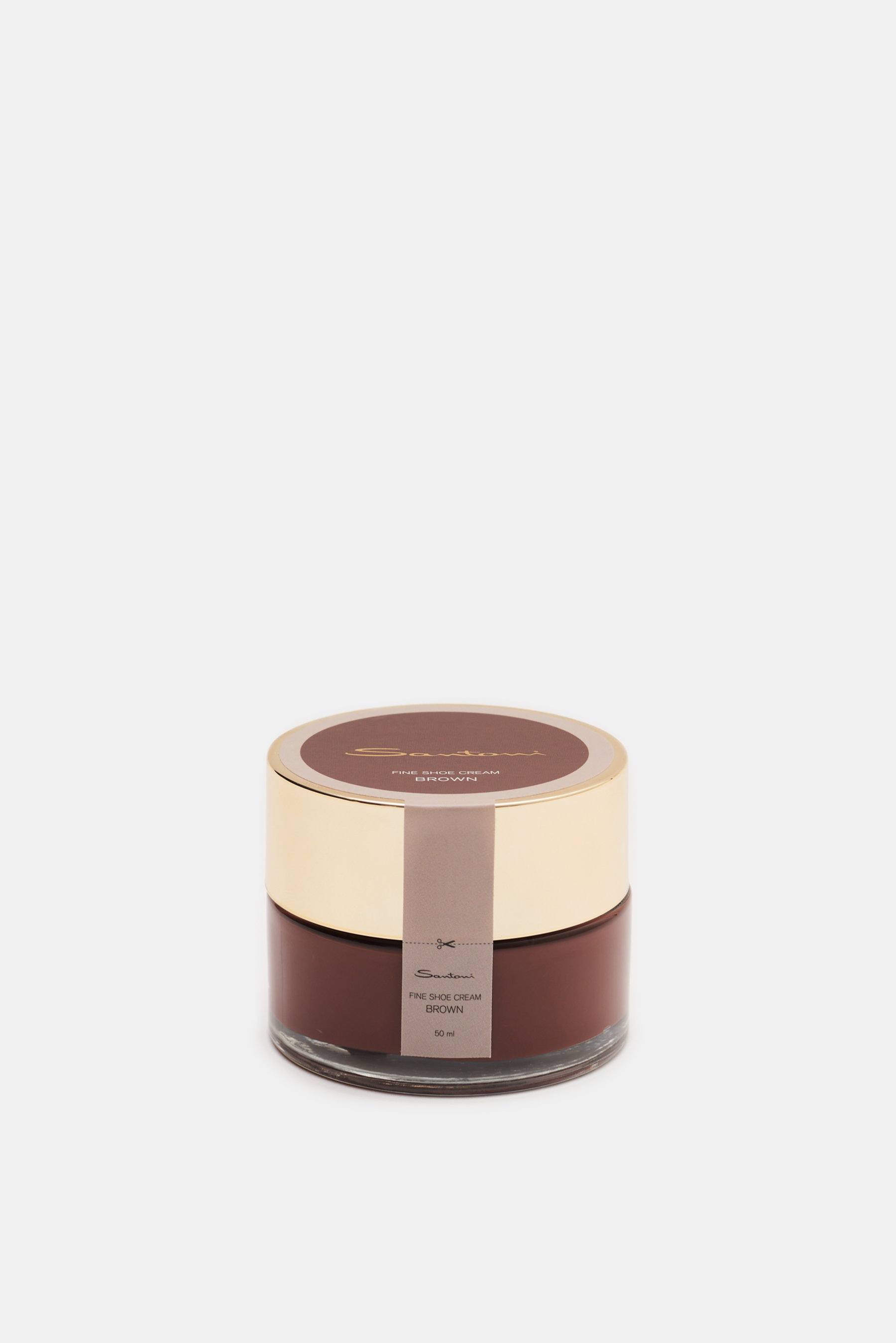Santoni Schuhcreme braun 50 ml, von schräg oben fotografiert, goldener Deckel, braunes Glas, pflegt Glattleder, Farb- und Glanzauffrischung