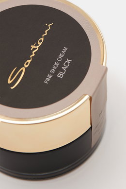Santoni Schuhcreme schwarz 50 ml, Nahaufnahme von oben schräg, schwarze Dose mit goldfarbenem Deckel, Pflegecreme für Glattleder, Farb- und Glanzauffrischung, Made in Italy.