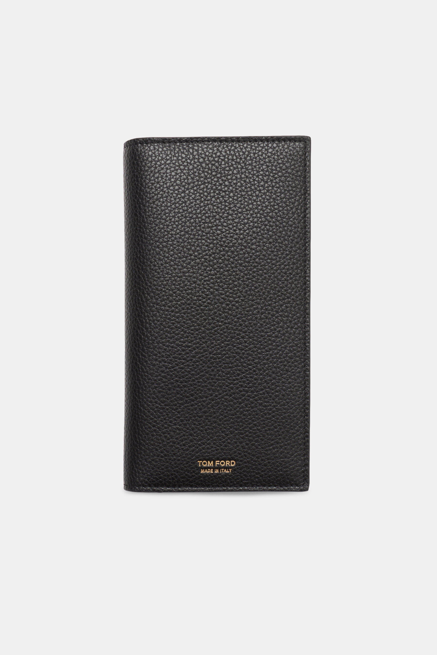 Tom Ford Portemonnaie schwarz aus genarbtem Kalbleder, goldfarbene Prägung, robuste Hardware, frontale Nahaufnahme, Maße ca. 9,5x18x2 cm.