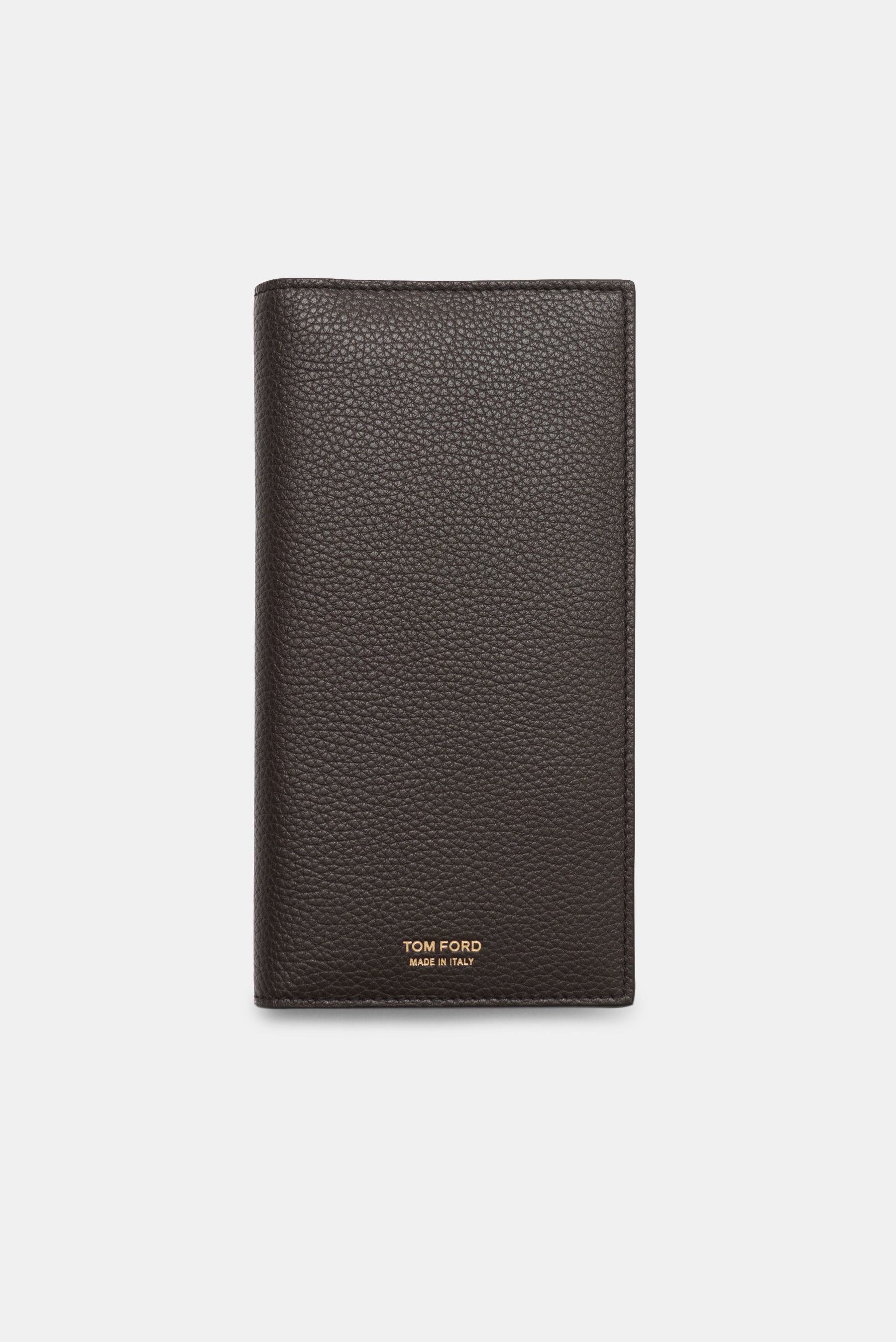 Tom Ford Portemonnaie dunkelbraun aus genarbtem Kalbleder, frontale Nahaufnahme, goldfarbene Prägung, Maße ca. 9,5x18x2 cm, vier Steckfächer, Zipper-Fach, 6 Kartenfächer.