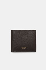 Tom Ford Portemonnaie dunkelbraun in Frontansicht aus edlem, markant genarbtem Kalbleder mit goldfarbener Logo-Prägung, kompakt und hochwertig.