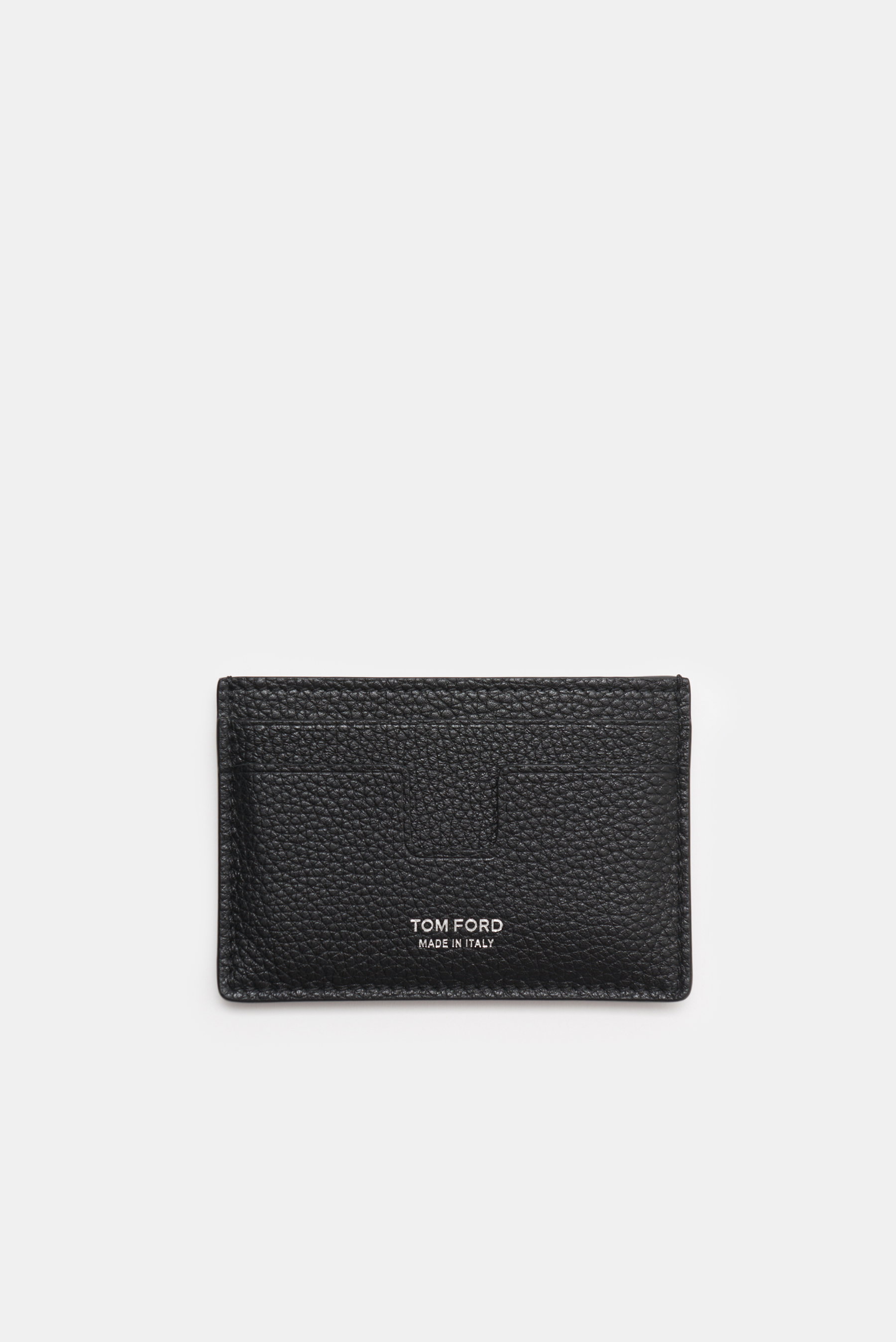 Tom Ford Kartenetui schwarz aus genarbtem Kalbleder, kompakt mit fünf Steckfächern, Mittelfach, silberfarbener Prägung, frontale Draufsicht, ca. 10x7 cm.