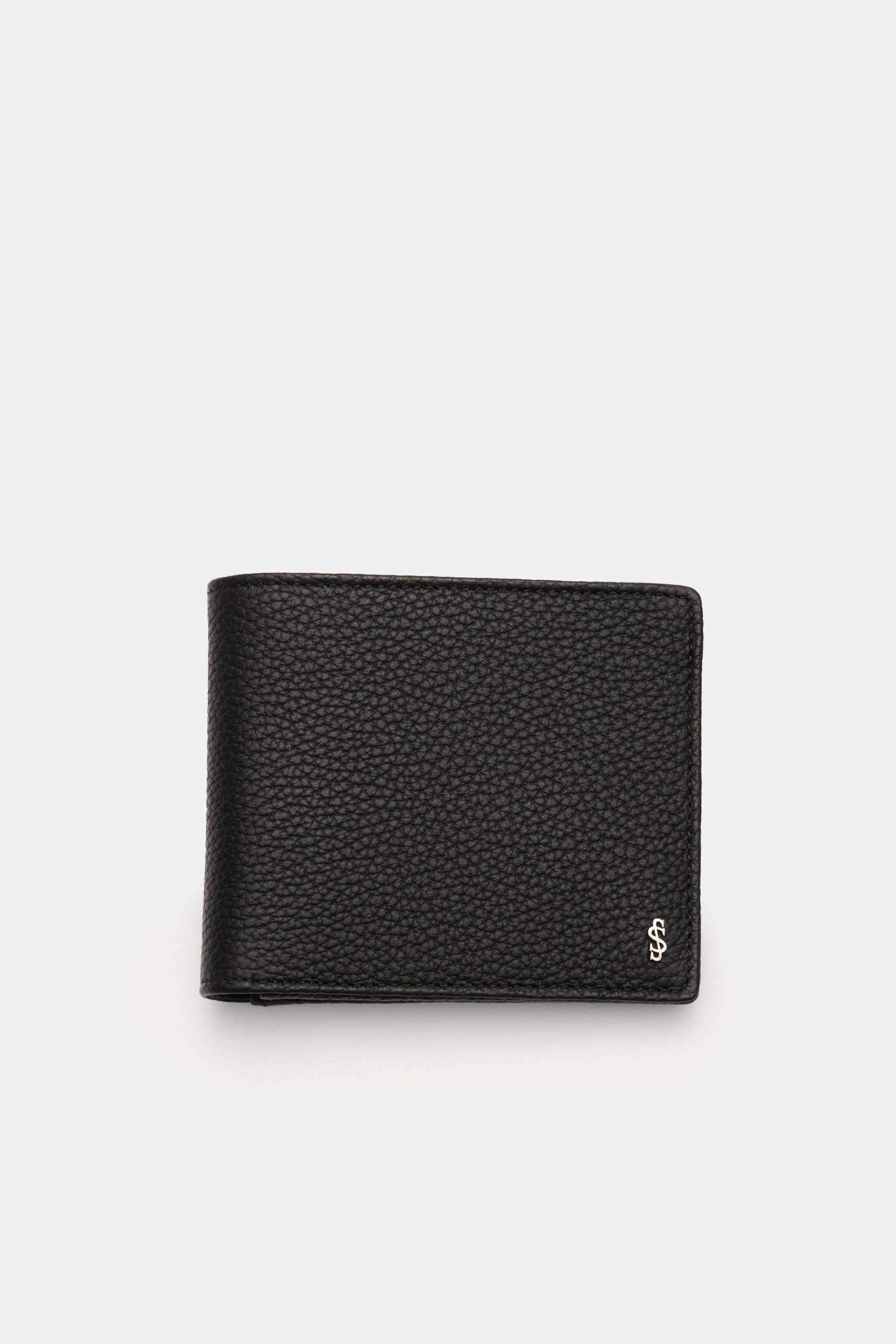 Serapian Portemonnaie schwarz aus edlem Cashmere-Kalbleder mit markanter Narbung, silberfarbenem Logo, fotografiert von oben.