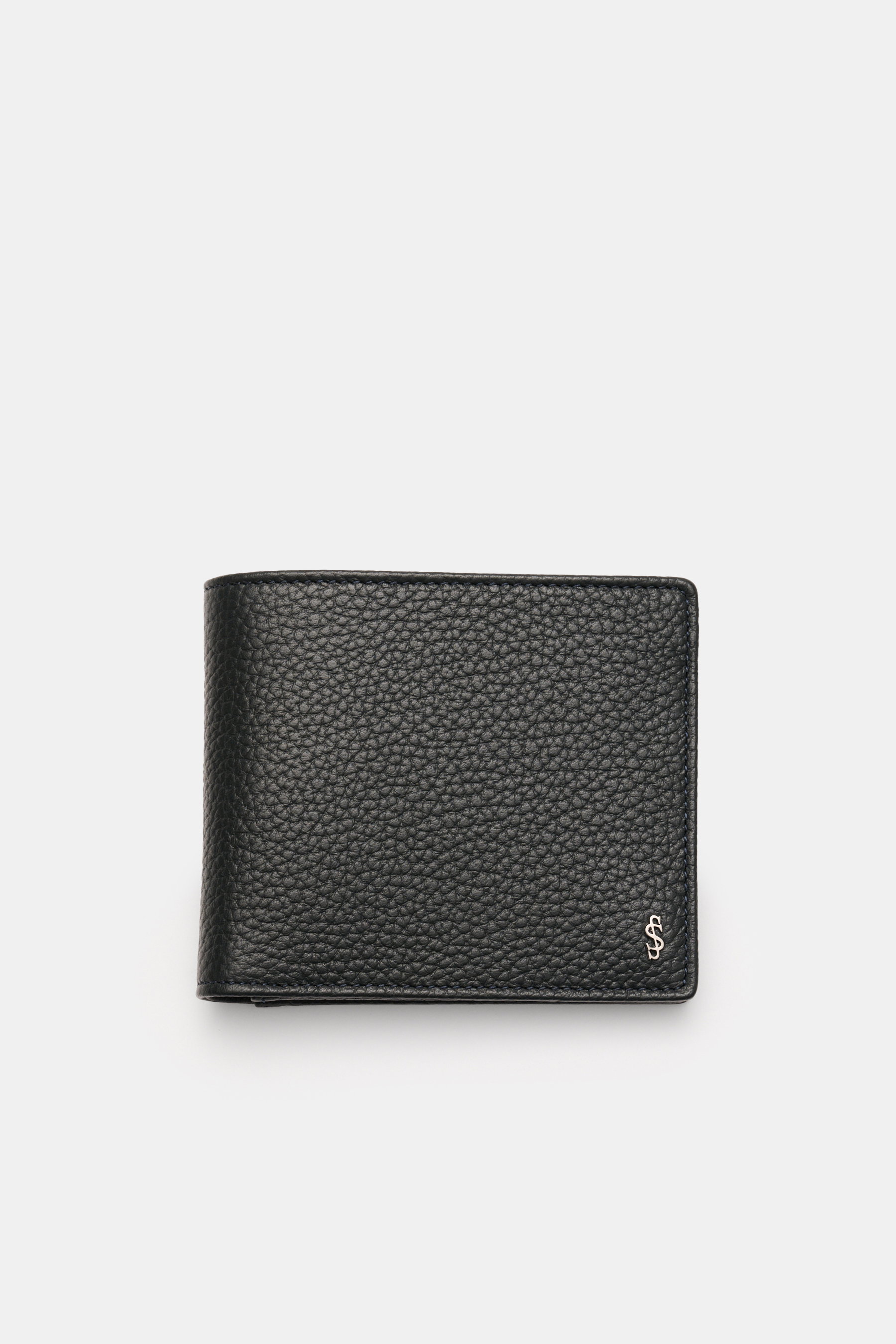 Serapian Portemonnaie navy aus edlem Cashmere-Leder mit markanter Narbung, silberfarbenem Logo, quer von oben fotografiert, 11,5x9,5 cm.