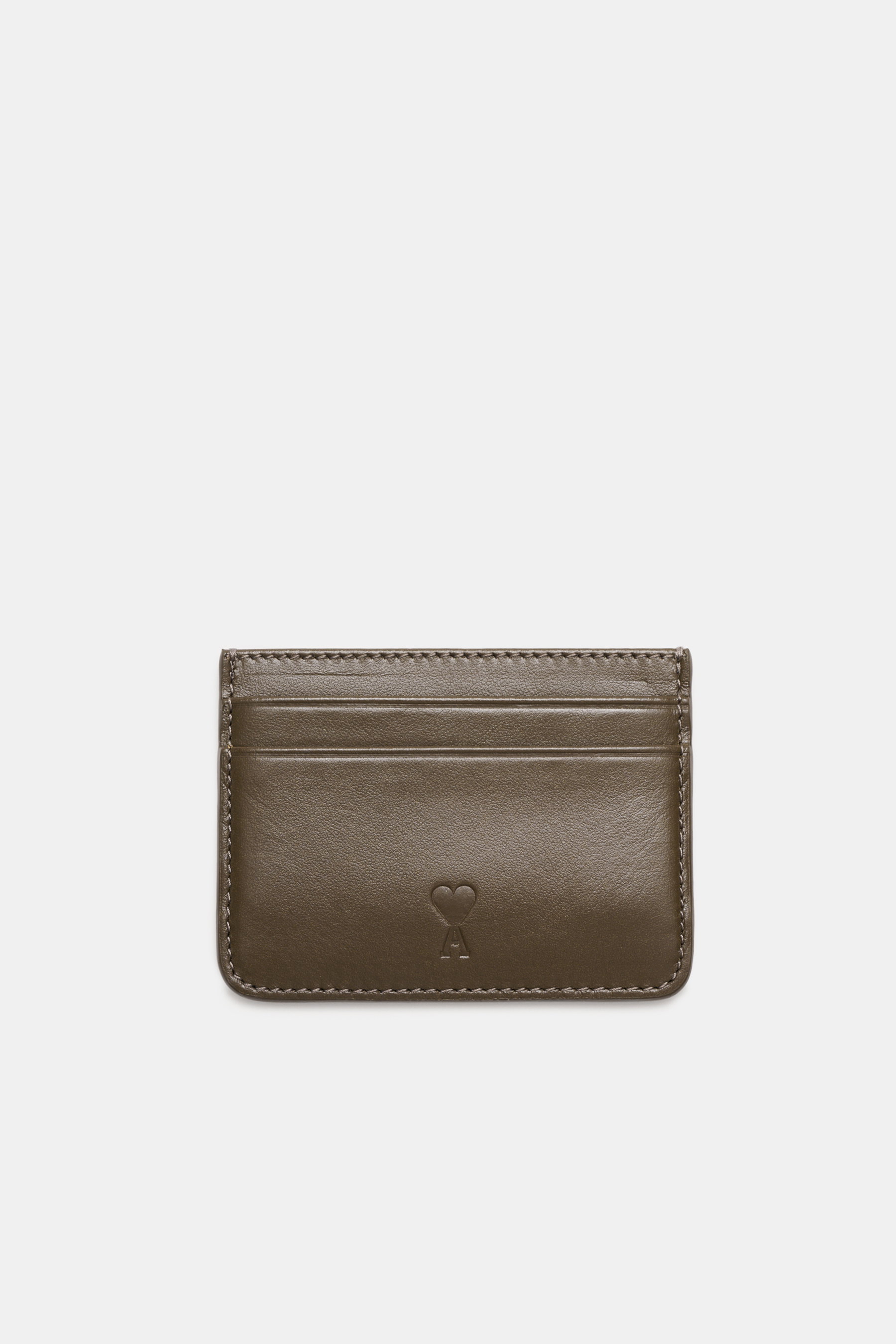 Front view of Ami Paris Card holder khaki in fine smooth leather with embossed logo and five card slots, approx. 10x8 cm.