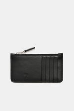 Ami Paris Card holder black shown from a top-front perspective, finely grained calf leather with zipper, five card slots, and embossed logo.