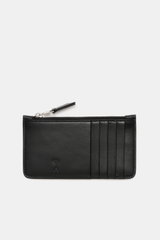 Ami Paris Card holder black shown from a top-front perspective, finely grained calf leather with zipper, five card slots, and embossed logo.