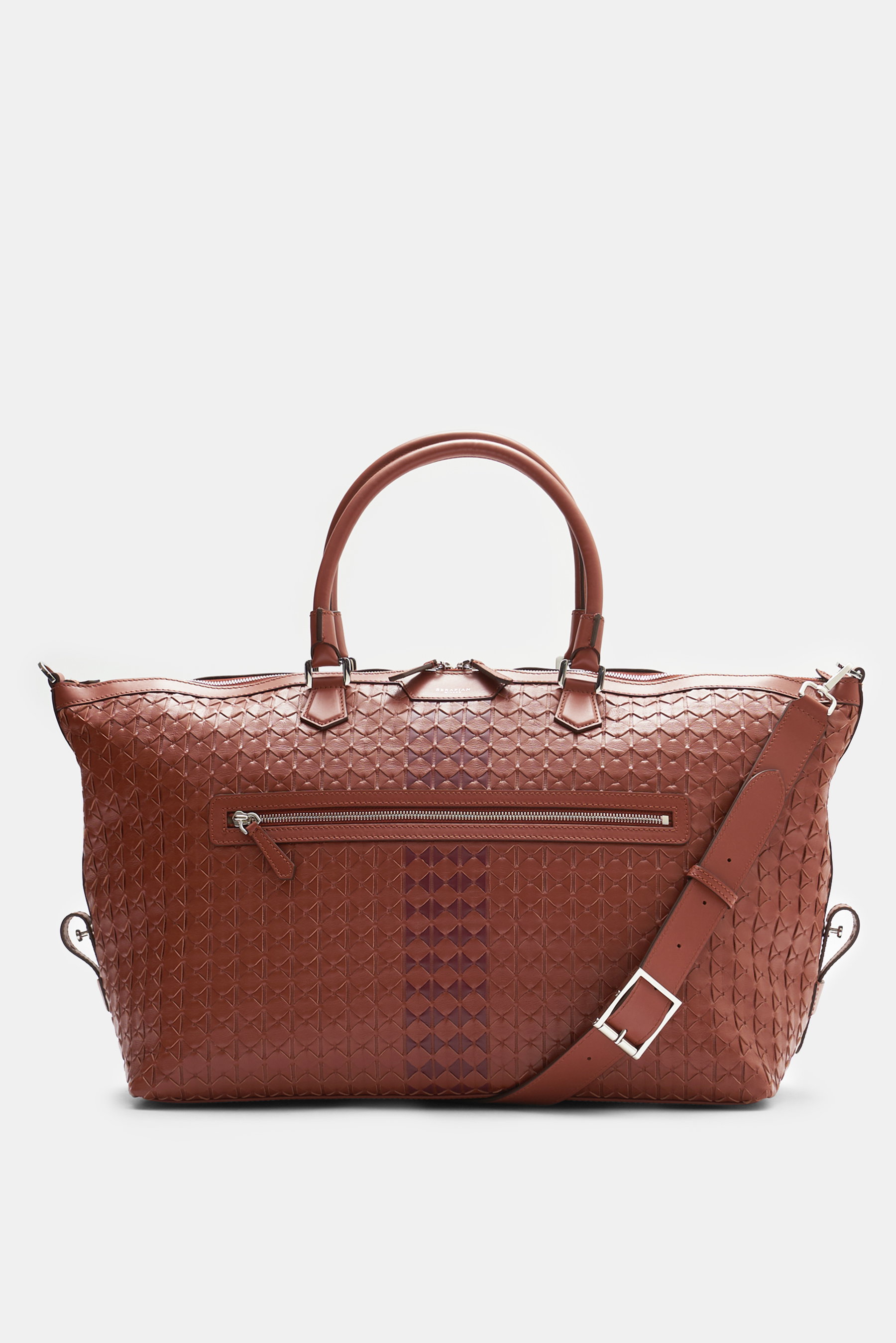 Front view of the Serapian Weekender brown travel bag in butter-soft Napa leather with exclusive 'Mosaico' weaving, silver hardware, and embossed logo.