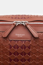 Close-up front view of the Serapian Weekender brown travel bag, showing butter-soft Napa leather in exclusive 'Mosaico' design, silver hardware, and embossed logo.