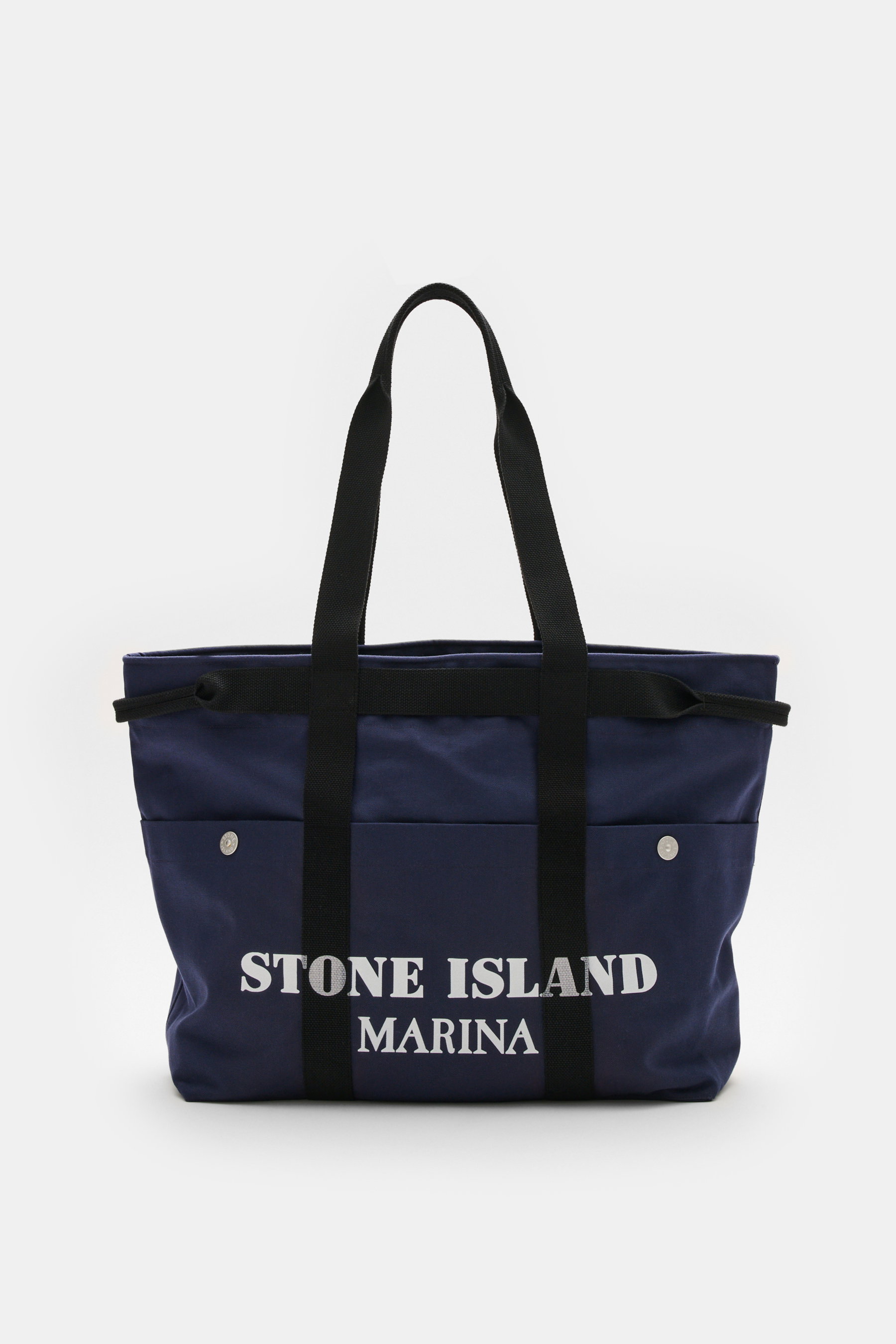 Stone Island Shopper 'Marina' navy aus Baumwoll-Canvas, frontal fotografiert. Sichtbar: drei Außensteckfächer, robuste Henkel.