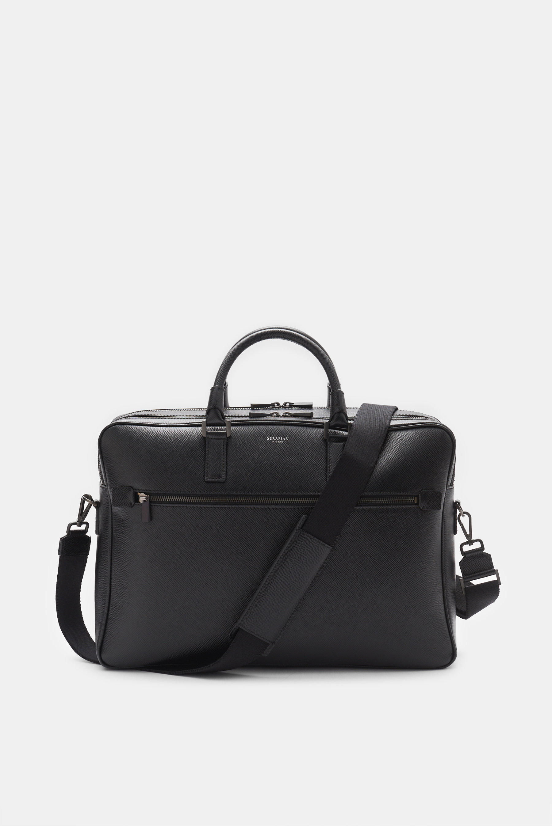 Serapian Briefcase black shown from the front, made of distinctively grained Evoluzione calfskin with anthracite hardware, robust handles, detachable shoulder strap, front zip pocket, small embossed logo, and practical compartments including laptop and ca