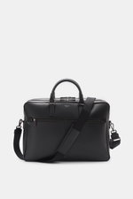 Serapian Briefcase black shown from the front, made of distinctively grained Evoluzione calfskin with anthracite hardware, robust handles, detachable shoulder strap, front zip pocket, small embossed logo, and practical compartments including laptop and ca