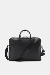 Serapian Briefcase black shown from the front, made of distinctively grained Evoluzione calfskin with anthracite hardware, robust handles, detachable shoulder strap, front zip pocket, small embossed logo, and practical compartments including laptop and ca
