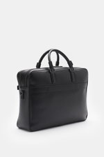 Front-side angled view of Serapian Briefcase black in robust Evoluzione calfskin with anthracite hardware, dual handles, zip compartments, and luggage strap.