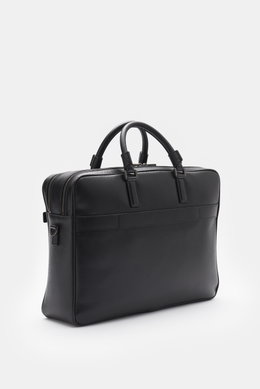 Front-side angled view of Serapian Briefcase black in robust Evoluzione calfskin with anthracite hardware, dual handles, zip compartments, and luggage strap.