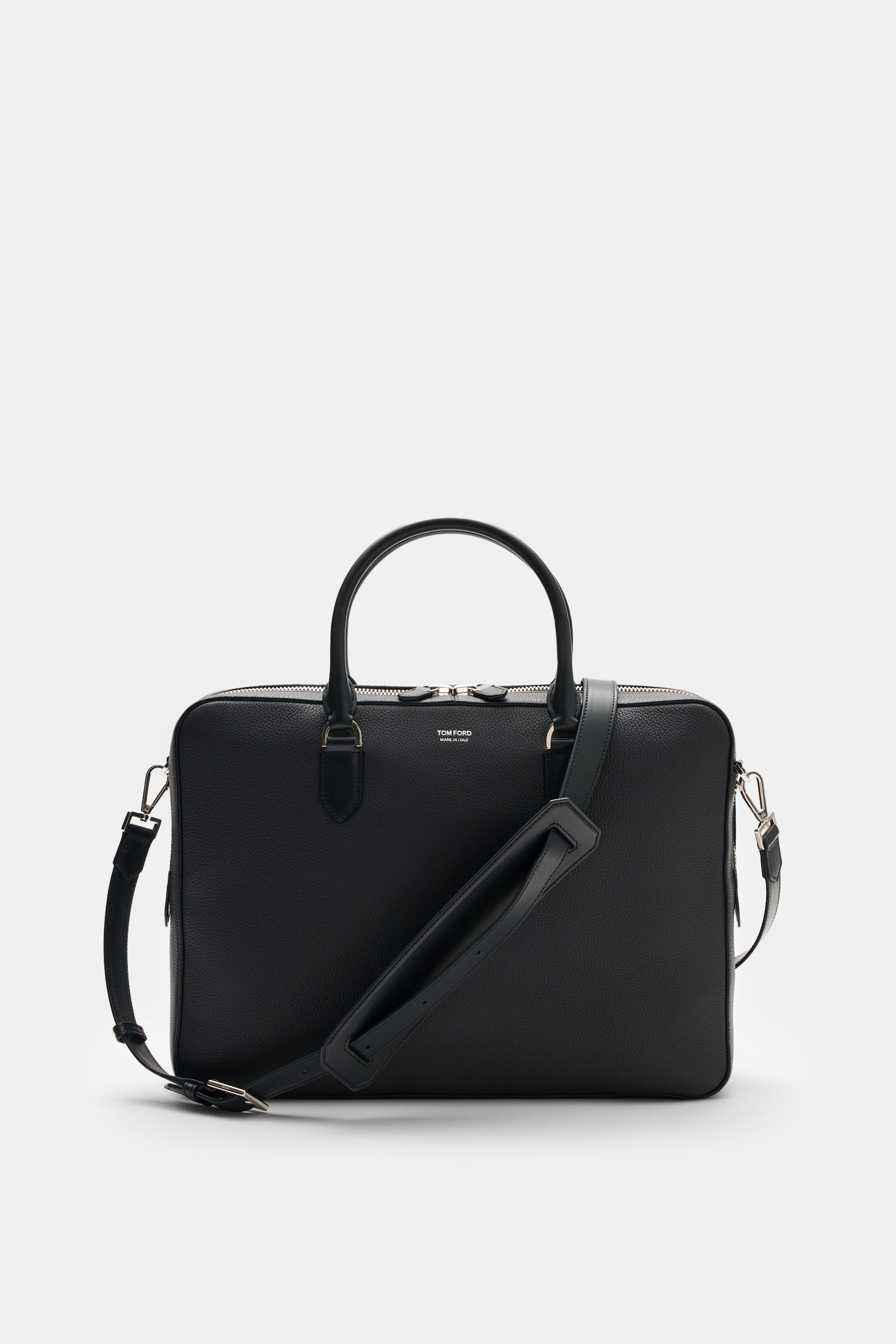 Schwarze Tom Ford sonst. HWGR - H0651 Tasche, Frontalansicht, mit Tragegurt und Griffen, vor hellem Hintergrund.