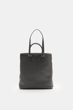 Front view of the Serapian Tote Bag dunkelgrau, featuring handwoven Mosaico leather, silver hardware, sturdy handles and shoulder strap, open main compartment, two inner pockets, laptop compartment, approx. 39 x 38 x 8 cm. Luxuriöser Allrounder: Die Tote 