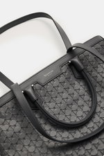 Serapian Tote Bag dunkelgrau shown from top-front angle, featuring handwoven Mosaico leather, silver hardware, sturdy handles, shoulder strap, open main compartment, two inner pockets, laptop compartment, dimensions approx. 39x38x8 cm; a luxurious allroun