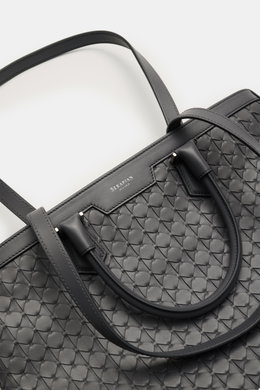 Serapian Tote Bag dunkelgrau shown from top-front angle, featuring handwoven Mosaico leather, silver hardware, sturdy handles, shoulder strap, open main compartment, two inner pockets, laptop compartment, dimensions approx. 39x38x8 cm; a luxurious allroun