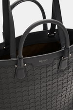 Close-up, top-front view of the Serapian Tote Bag dunkelgrau showcasing handwoven Mosaico leather, silver hardware, sturdy handles, and open main compartment with interior laptop and two other pockets.