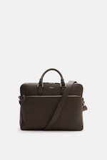 Front view of Serapian Briefcase dark brown made of distinctively grained calf leather with silver hardware, robust handles, detachable shoulder strap, outside zip compartment, and embossed logo, featuring divided main compartment, inside zip compartments