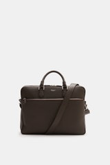 Front view of Serapian Briefcase dark brown made of distinctively grained calf leather with silver hardware, robust handles, detachable shoulder strap, outside zip compartment, and embossed logo, featuring divided main compartment, inside zip compartments