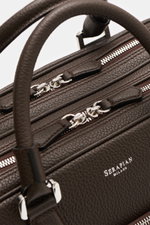 Close-up top view of Serapian Briefcase dark brown showcasing distinctively grained calf leather, silver hardware, robust handles, and zippers.

<p>Exquisite leather quality and first-class manufacturing combine in this briefcase from SERAPIAN to create a
