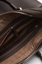 Serapian Briefcase dark brown open top view showing distinctively grained calf leather, silver hardware, and multiple zip compartments. Exquisite leather quality and first-class manufacturing combine in this briefcase from SERAPIAN to create a timeless ac
